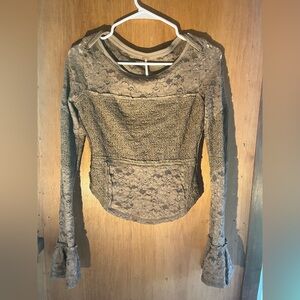 Intimately Free People Sheer Lace Flared Long Sleeve Top - Dutch Cocoa XS New